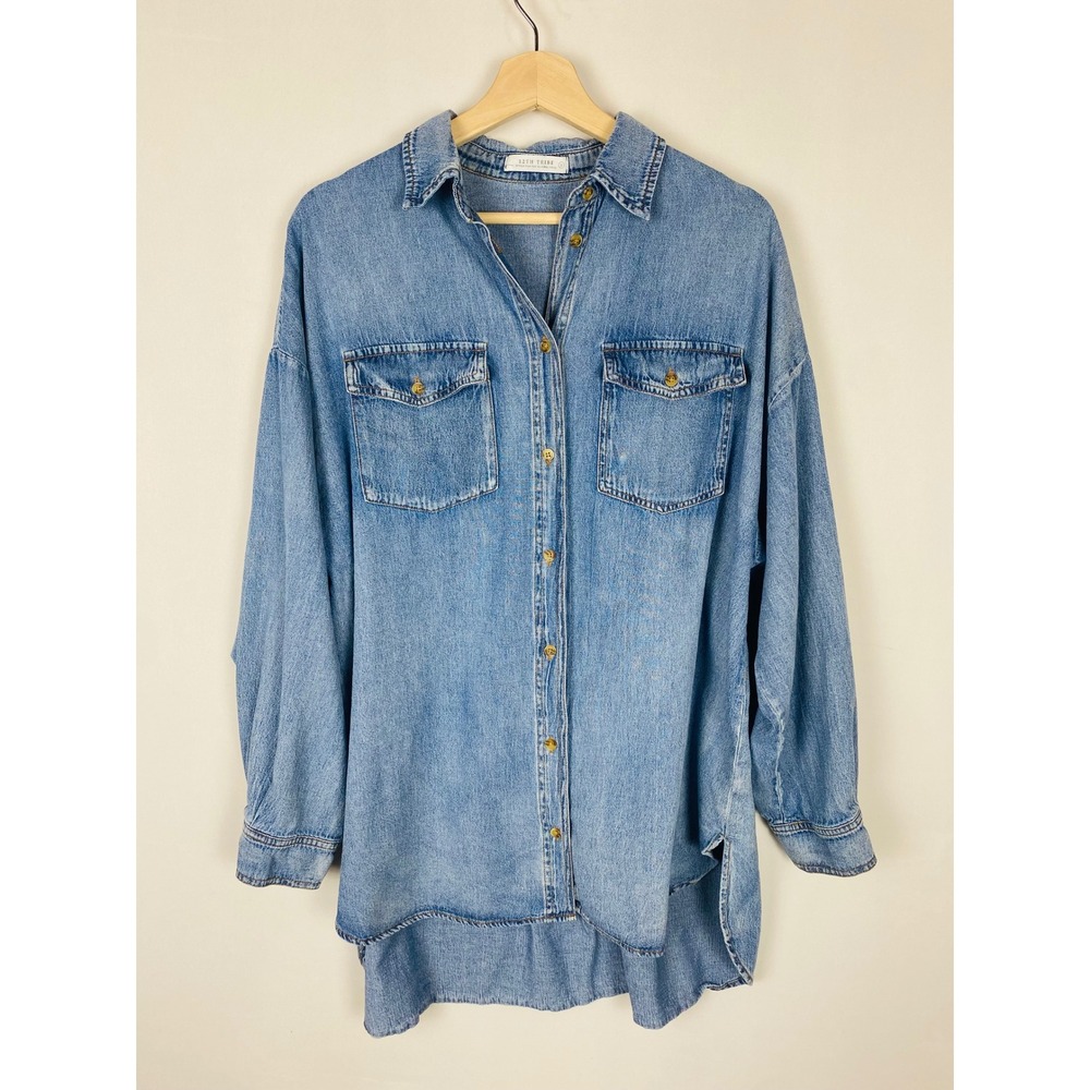12th Tribe Womens Denim Button Down Shirt Light Wash Oversized High Low S1968 S